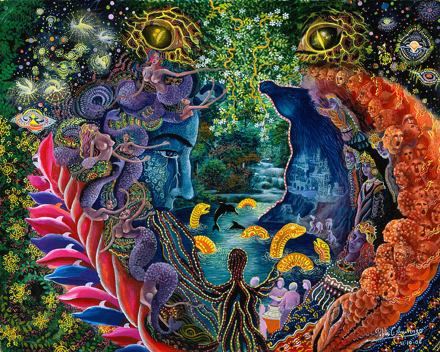 Peinture inspirée de visions sous Ayahuasca - "Llullon Llaki Supai" par Pablo Amaringo