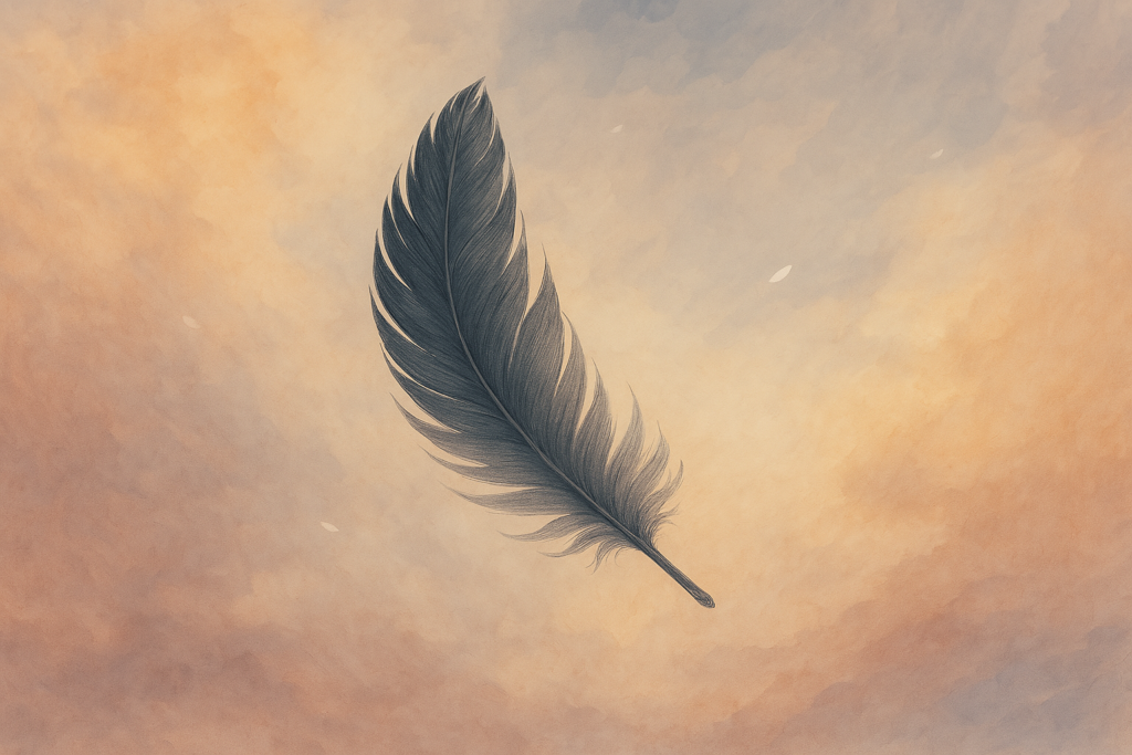 une plume noire tombant dans un ciel vaniille