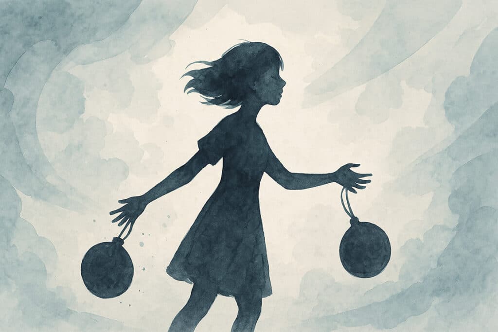une silhouette de femme tenant 2 gros boulets dans les mains